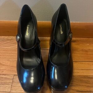 Larroude Black Patent Mary Jane Platform Heels